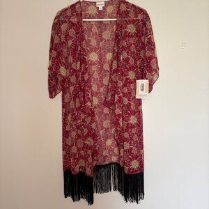 LULAROE NEW Monroe Women Small Tan Burgundy Fringe Wrap Open Front Kimono